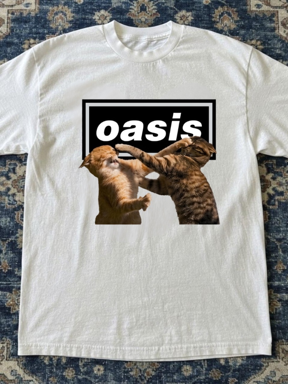 Gildan White Short Sleeve Tee with Black Oasis Logo and Cat Graphic